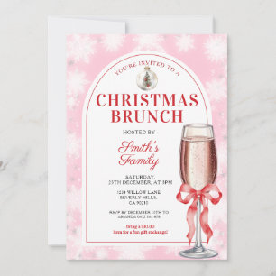 Christmas Brunch Party Red Bow Wine Pink Gingham Invitation