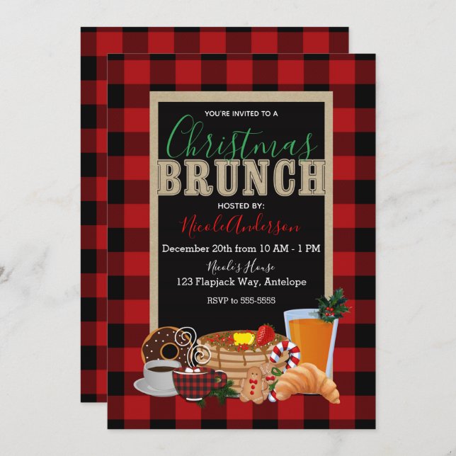 Christmas Brunch Rustic Red Black Buffalo Plaid Invitation (Front/Back)