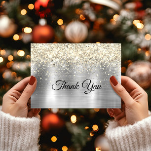 Christmas brushed metal silver gold faux glitter  thank you card