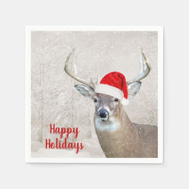 Christmas Buck Deer with Santa Hat Napkin (Front)