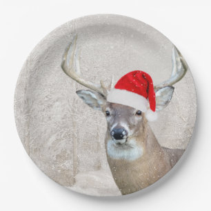 Christmas Buck Deer with Santa Hat  Paper Plate