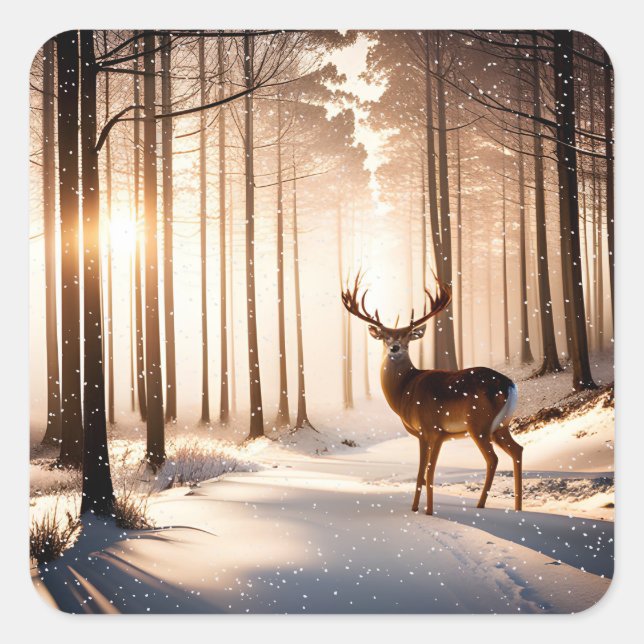 Christmas Buck In Winter Forest Square Sticker (Front)