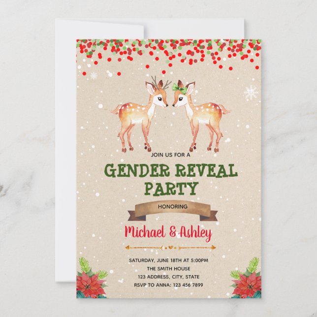 Christmas buck or doe gender reveal invitation (Front)