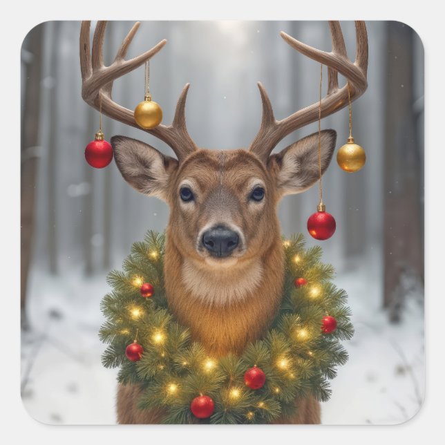 Christmas Buck Wearing a Glowing Wreath Square Sticker (Front)