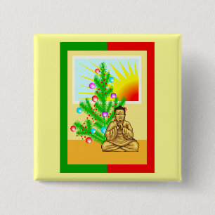 Christmas Buddha w/Tree! 15 Cm Square Badge