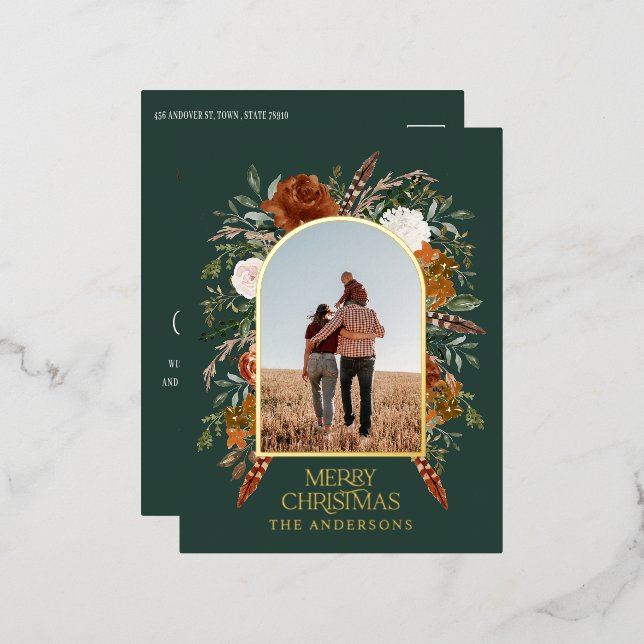 Christmas budget botanical elegant green rust foil holiday postcard (Front/Back)