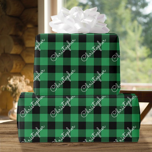 Christmas Buffalo Plaid Custom Name Rustic Green Wrapping Paper (Creator Uploaded)