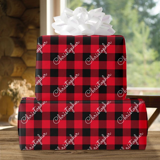 Christmas Buffalo Plaid Custom Name Rustic Red Wrapping Paper (Creator Uploaded)