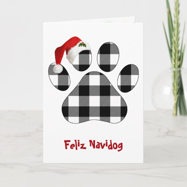 Christmas Buffalo Plaid Dog Paw Print and Hat Card (Front)