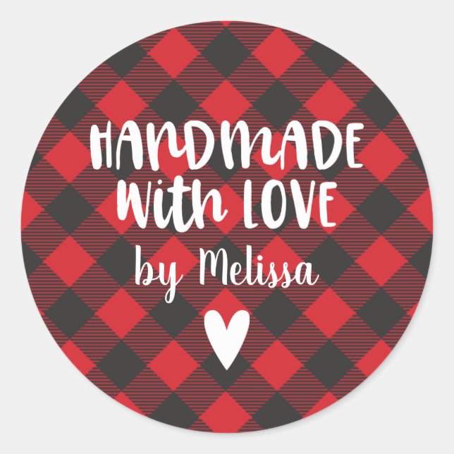 Christmas Buffalo Plaid Handmade With Love Classic Classic Round Sticker (Front)
