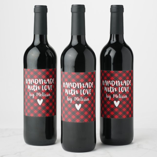Christmas Buffalo Plaid Handmade With Love Wine Label (Bottles)