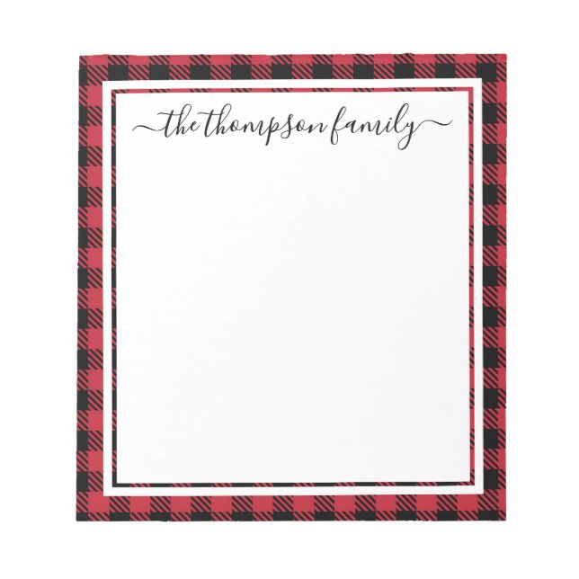 Christmas Buffalo Plaid Script Family Name Notepad (Front)