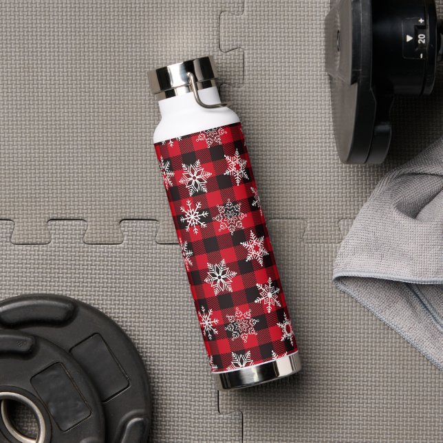 Christmas Buffalo red snowflakes plaid pattern Water Bottle (Gym)