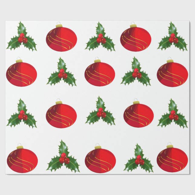 Christmas Bulbs and Holly Wrapping Paper  (Flat)