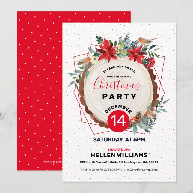 Christmas Bulfinch & Christmas Wood Floral Wreath Invitation (Front/Back)
