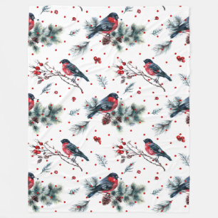 Christmas Bull-finch & Evergreens Pattern Fleece Blanket