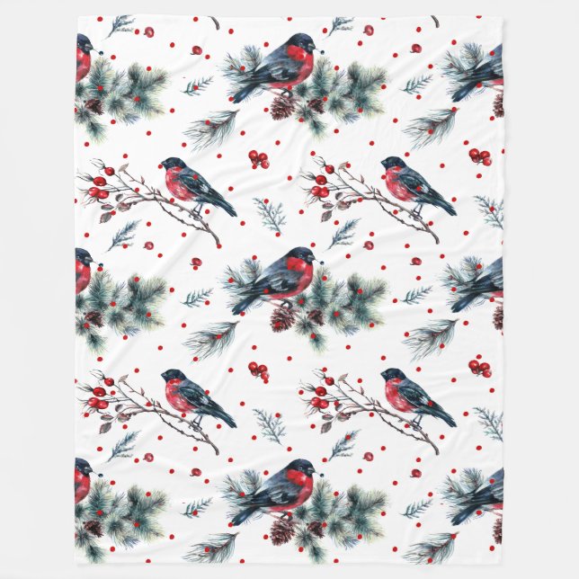 Christmas Bull-finch & Evergreens Pattern Fleece Blanket (Front)