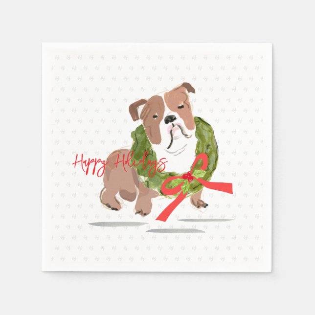 Christmas Bulldog Happy Holidays Festive Holly Dog Napkin (Front)