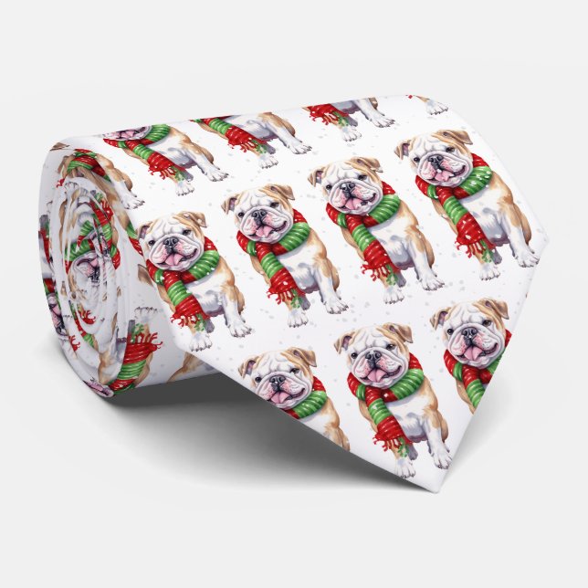 Christmas Bulldog In Snowflakes Tie (Rolled)