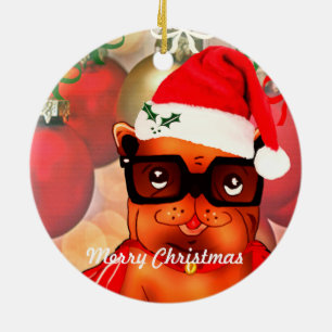 Christmas Bulldog on a christmas ball background Ceramic Tree Decoration