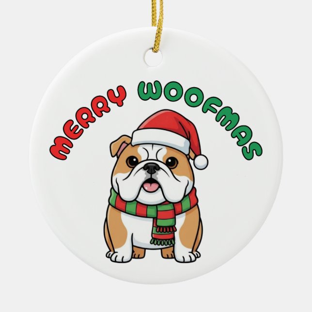 Christmas Bulldog Ornament: Merry Woofmas Ceramic Ornament (Front)