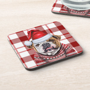 Christmas Bulldog Red Plaid Holiday Coaster