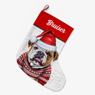 Christmas Bulldog with Name Woof Background Large Christmas Stocking