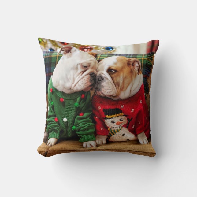 Christmas Bulldogs in Sweaters Cushion (Front)