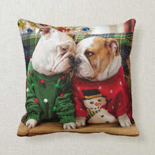 Christmas Bulldogs in Sweaters Cushion