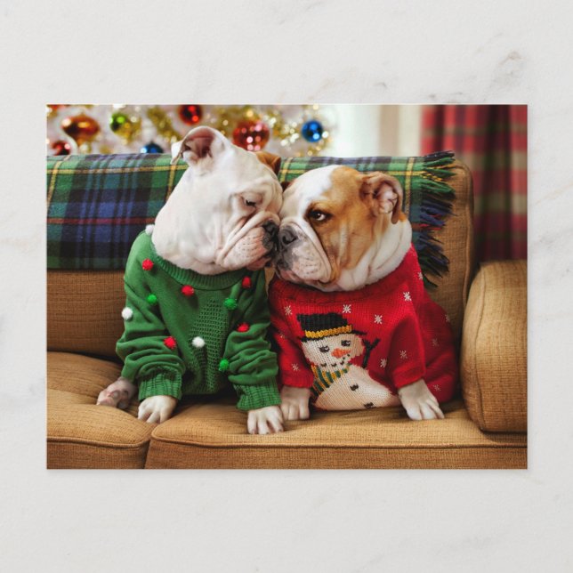 Christmas Bulldogs in Sweaters Invitation Postcard (Front)
