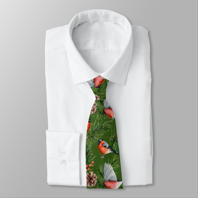 Christmas Bullfinch Pattern  Tie (Tied)