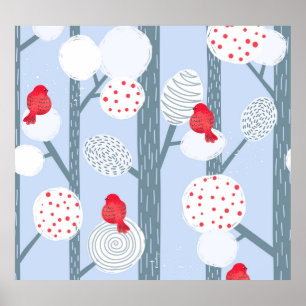 Christmas bullfinches, trees, vintage forest. poster