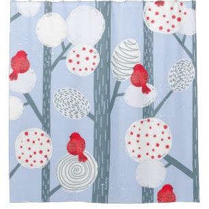 Christmas bullfinches, trees, vintage forest. shower curtain
