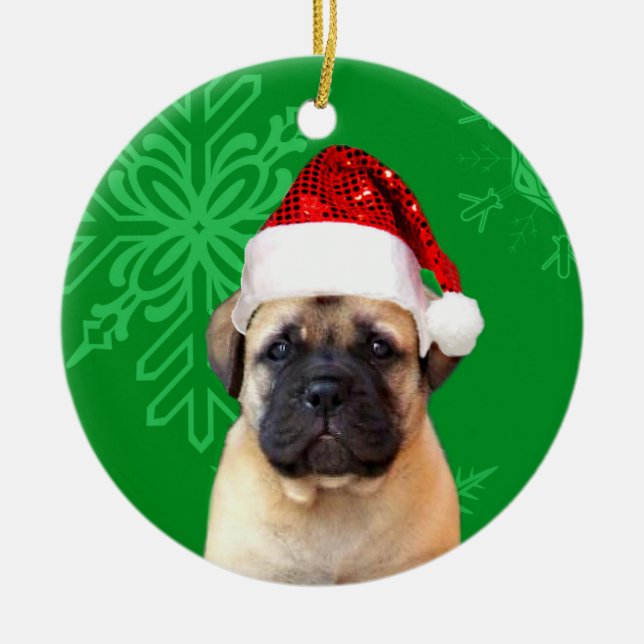 Christmas bullmastiff puppy ceramic ornament (Front)