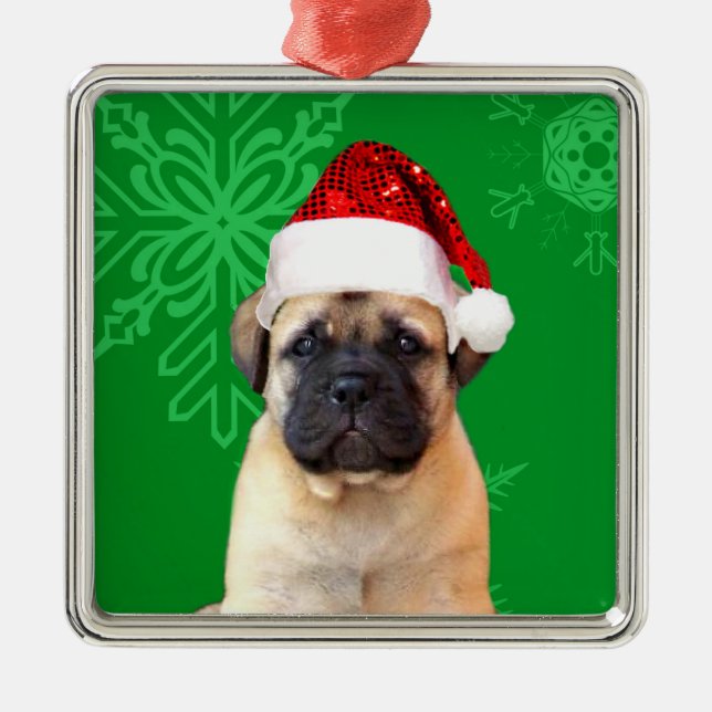 Christmas bullmastiff puppy metal ornament (Front)