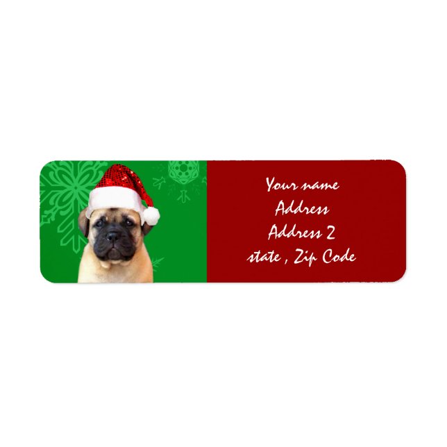 Christmas bullmastiff puppy return address label (Front)