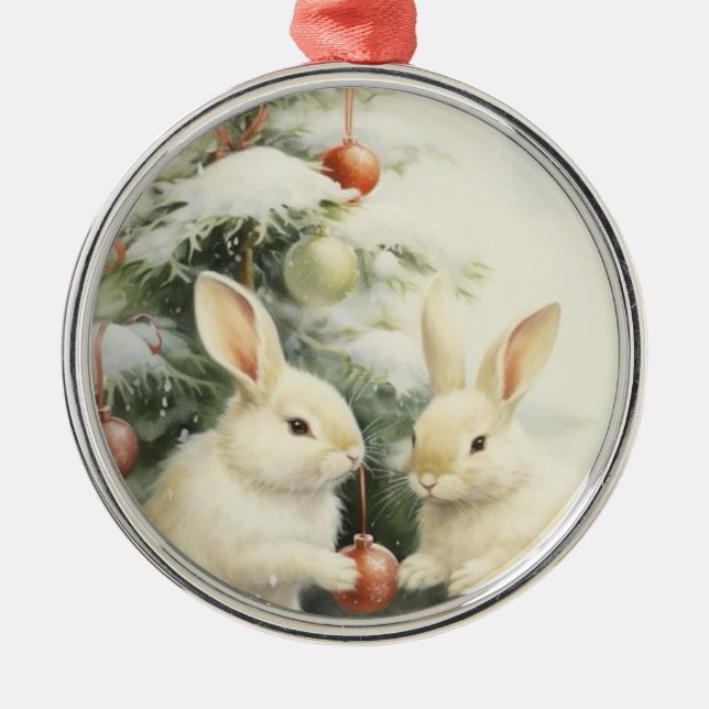 Christmas Bunnies Tree Family Metal Ornament (Front)