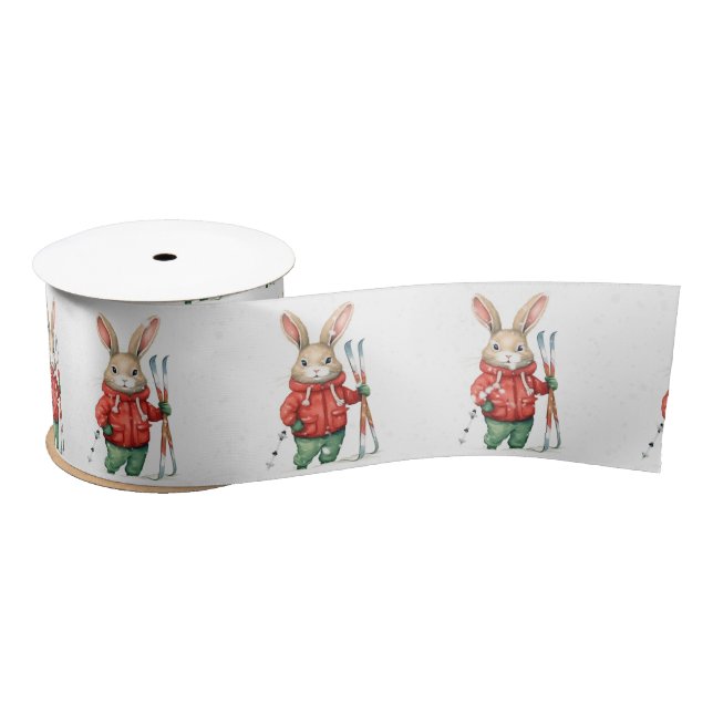 Christmas Bunnies With Skis and Snowflakes Satin Ribbon (Spool)