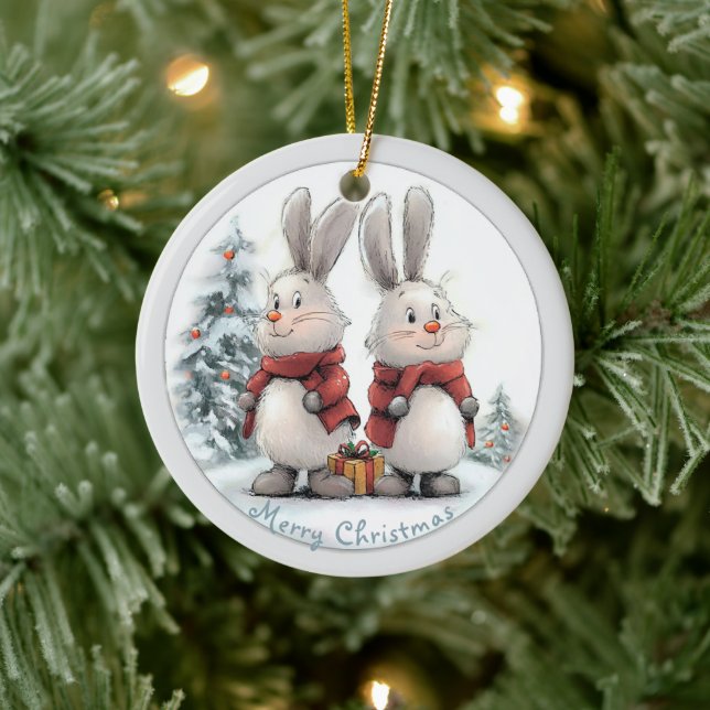 Christmas Bunny and gift, personalized Ceramic Ornament (Tree)