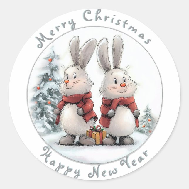 Christmas Bunny and gift, personalized Classic Round Sticker (Front)