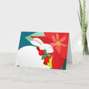 Christmas bunny and poinsettia holiday card