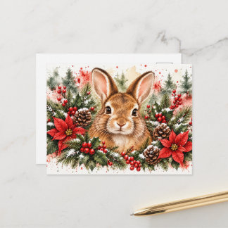 Christmas Bunny – Festive Rabbit Watercolour Holiday Postcard