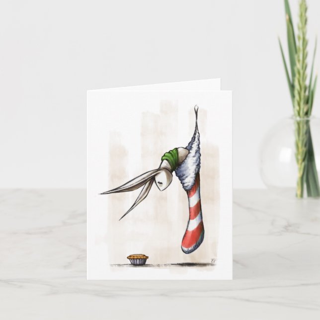 Christmas Bunny in a Stocking with a Mince Pie Holiday Card (Front)