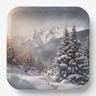 Christmas Bunny In Snowflakes Paper Plate