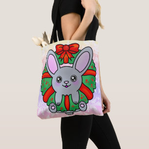 Christmas Bunny in Wreath with Pastel Snowflakes Tote Bag