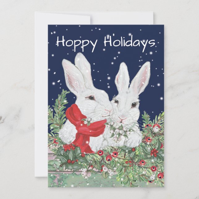 Christmas Bunny Rabbit Cute Holiday Snow Holly Card (Front)