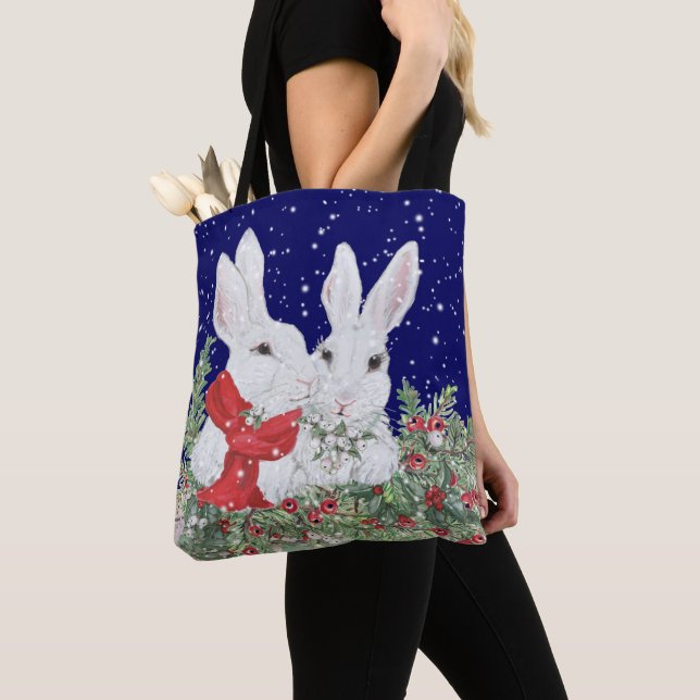 Christmas Bunny Rabbit Lover's Cute Holiday Winter Tote Bag (Close Up)