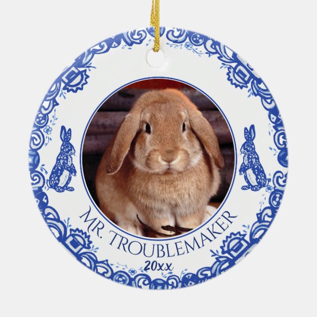 Christmas Bunny Rabbit Pet Photo Date Blue Willow Ceramic Ornament (Back)