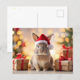 Christmas Bunny rabbit sitting with a Santa hat Holiday Postcard