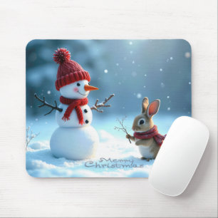 Christmas Bunny With a Snowman Mouse Pad